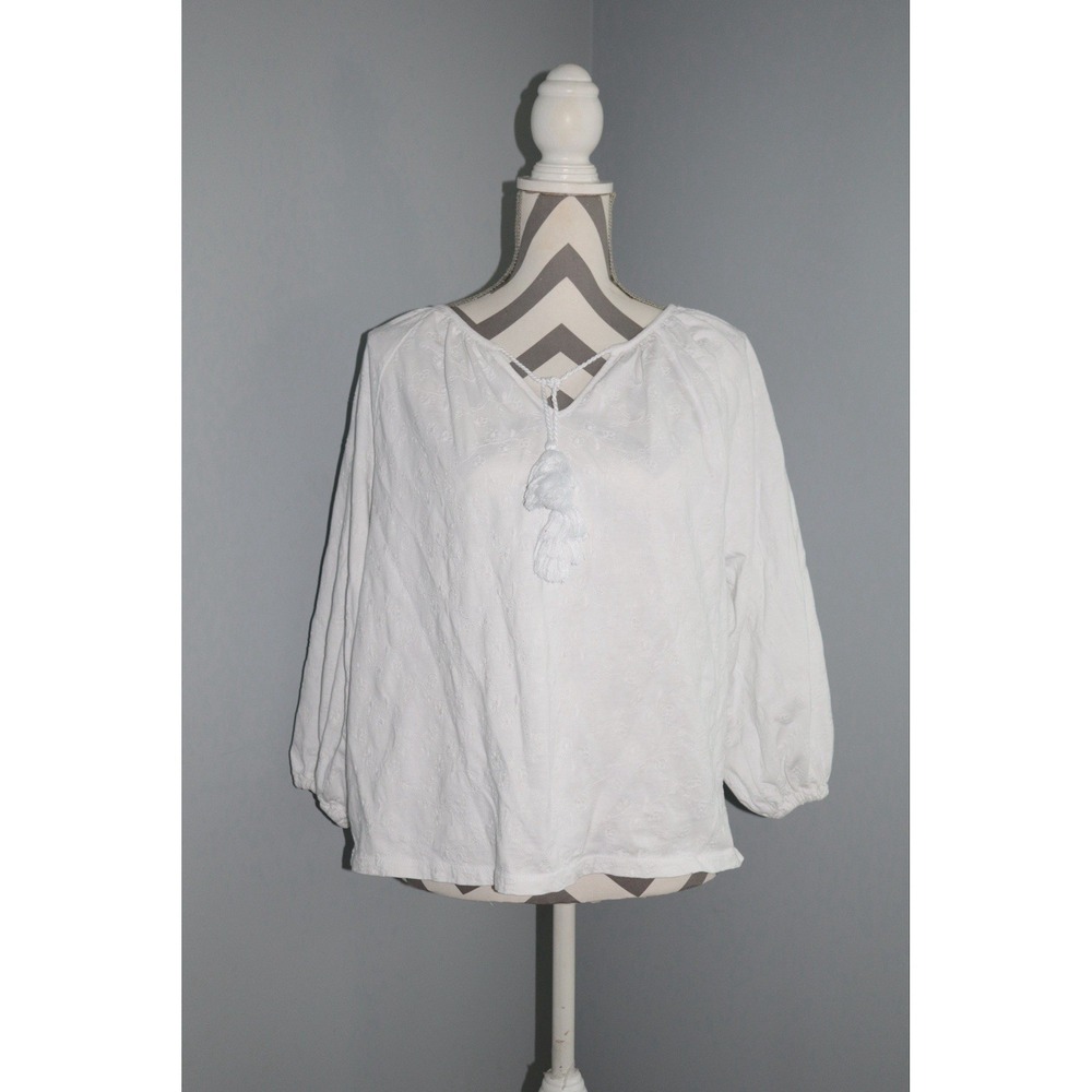 J CREW Womens Boho Peasant Top Blouse Embroidered Tassel Tie White Size Medium